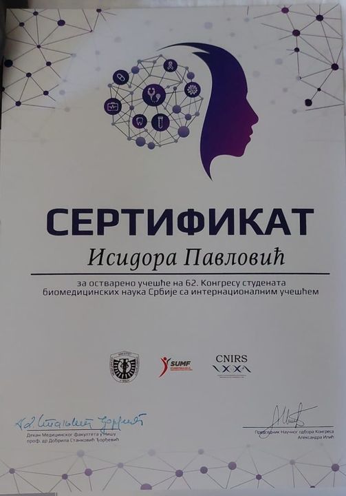 Исидира Павловић - Сертификат